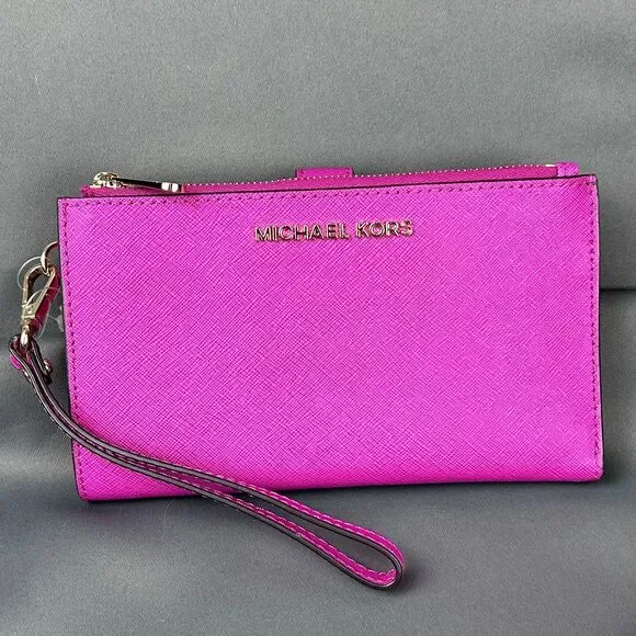 Michael Kors Pink Fuschia Leather Jet Set Travel Double Zip Wristlet Wallet - Picture 10 of 16